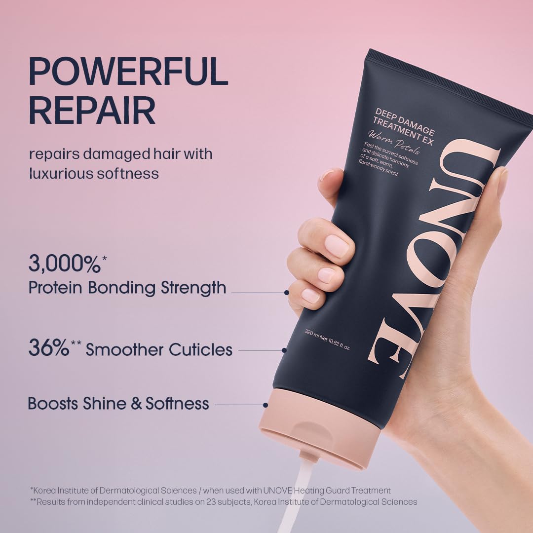 UNOVE Deep Damage Repair Hair Mask - Protein Hair Treatment & Hair Mask for Damaged Hair | Deep Conditioning & Keratin Hair Mask for Dry, Frizzy Hair | Korean Hair Care | Warm Petal, 10.82 fl oz