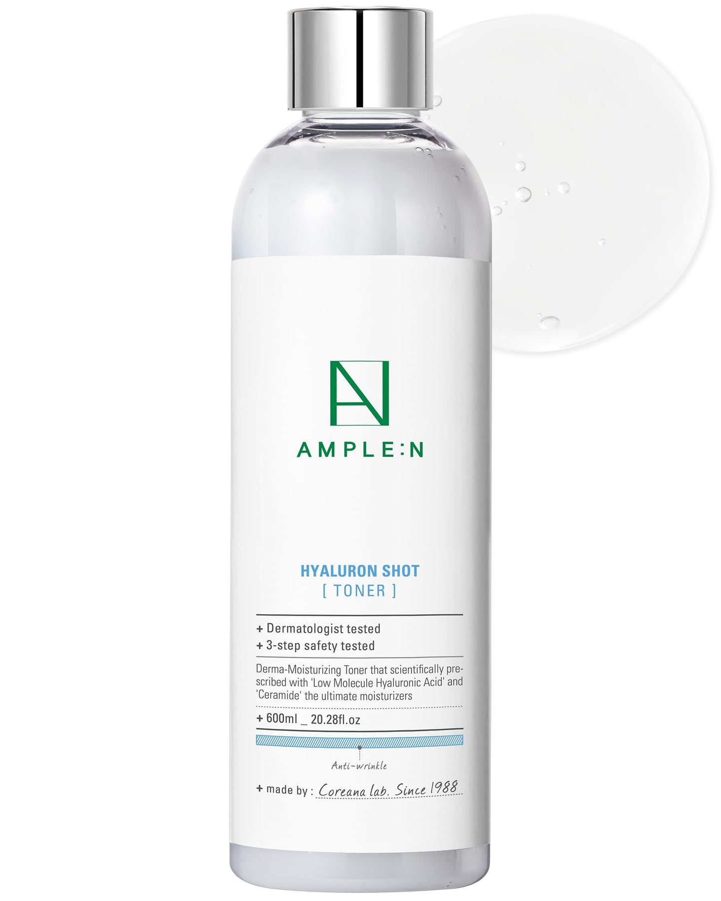 Ample:N Hyaluron Shot Toner – Korean Hyaluronic Acid and Ceramide Hydrating Face Toner - Moisturizing Essence for Minimizing Wrinkles – Dewy Healthy Glow Skin Booster for Dry Skin, 20.3 fl.oz.