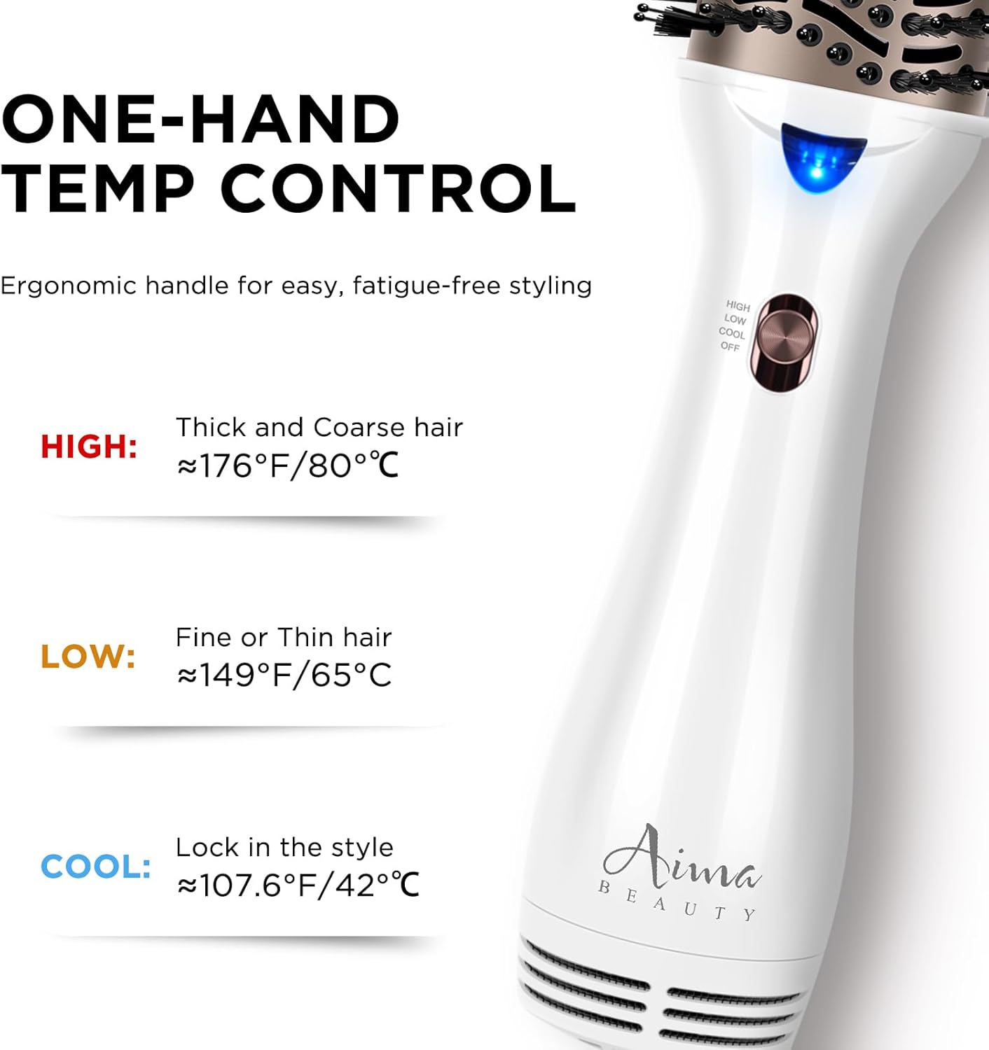 Aima Beauty Blow Dryer Brush - Ionic Ceramic Hot Air Brush for Frizz-Free Styling | 2.3" Oval Barrel, 3 Heat Settings, White