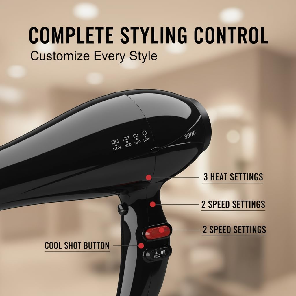 IZUTECH Vulcann 3900 Professional Salon Hair Dryer, 1875W AC Motor Blow Dryer with Tourmaline Ionic Technology, 3 Heat & 2 Speed Settings, Cool Shot Button, 11.5 ft Professional Cord, Black