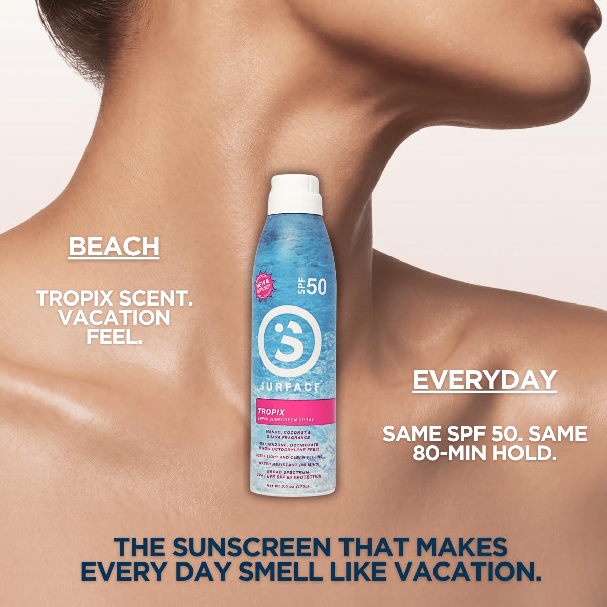 Surface Sunscreen Spray SPF 50 for Body, Lightweight Natural Formula, Reef Friendly, Broad Spectrum UVA UVB Protection, Water Resistant Sun Care for 80 Minutes Outdoor Use, Tropical Scent, 6oz