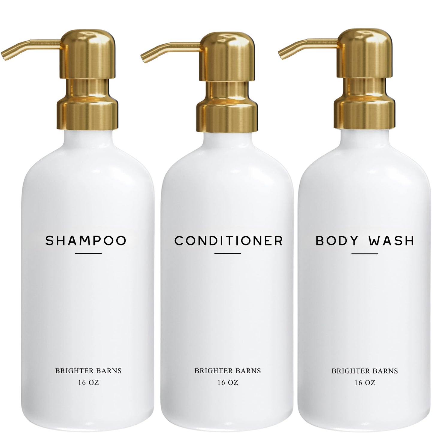 Luxury Shampoo and Conditioner Dispenser Set by Brighter Barns - Shower Soap Dispenser - Shampoo Conditioner Body Wash Dispenser & Pump - White and Gold Bathroom Accessories in Spa, Hotel, Gift (Gold)
