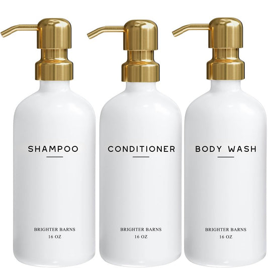 Luxury Shampoo and Conditioner Dispenser Set by Brighter Barns - Shower Soap Dispenser - Shampoo Conditioner Body Wash Dispenser & Pump - White and Gold Bathroom Accessories in Spa, Hotel, Gift (Gold)