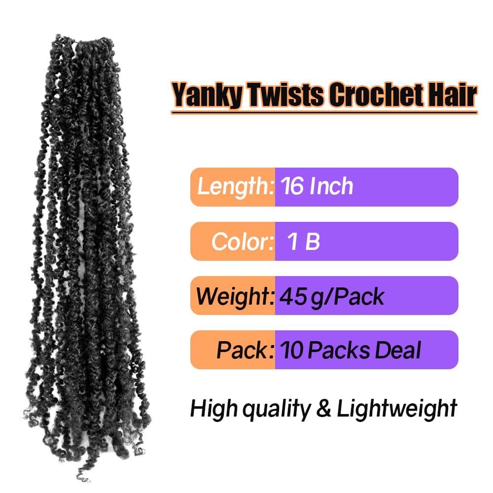 16 Inch 10 Packs Yanky Twist Crochet Hair Pre-twisted Natural Black Kinky Mini Spring Twist Plus Small Curly Senegalese Twist Braids (1B)