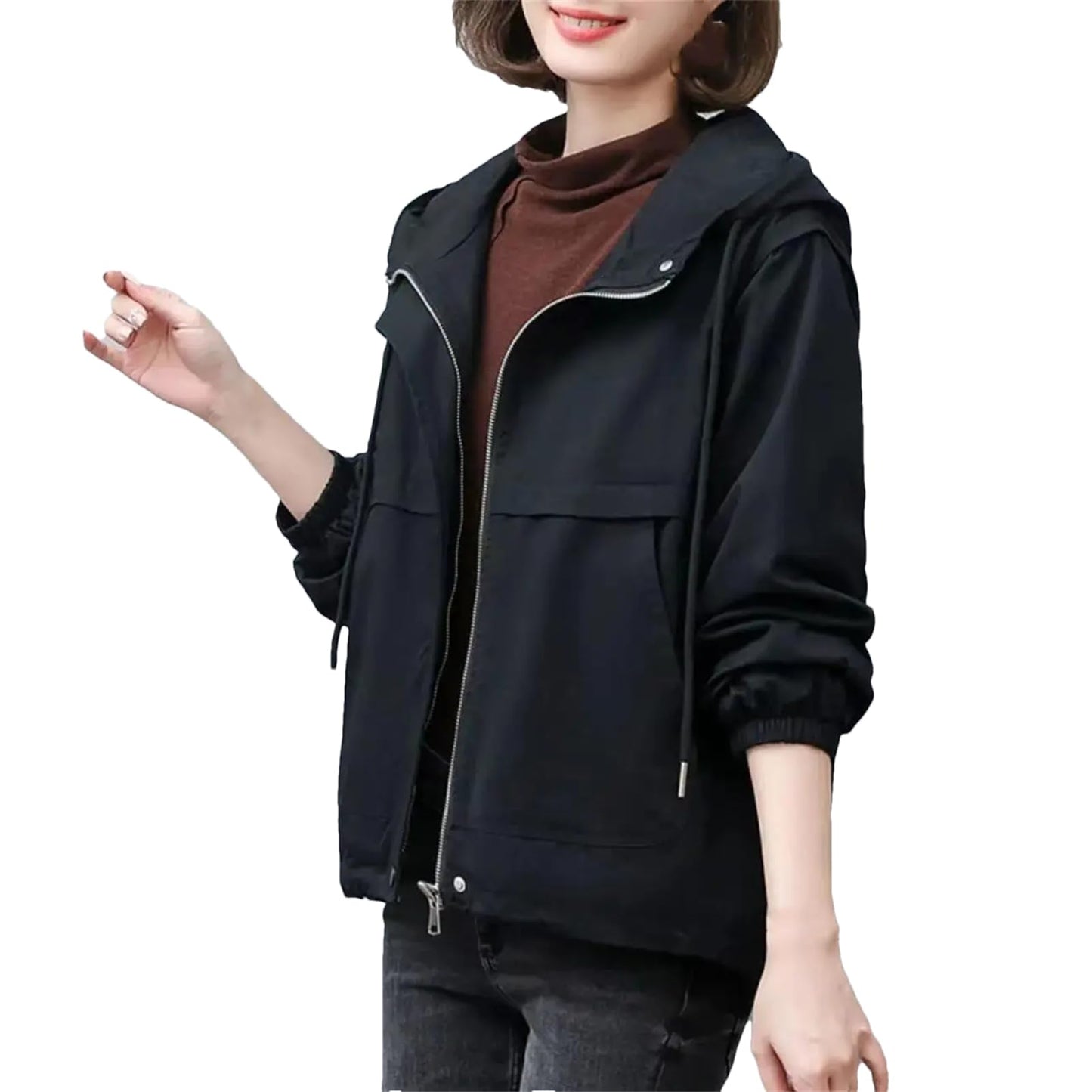 Women Trench Coat Single Long-Sleeved Short Hooded Windbreaker Outwear Coats