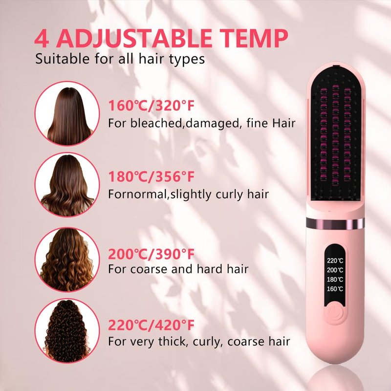 Cordless Hair Straightener Brush, Portable Straightening Brush for Women, Mini Negative Ion Hot Comb for Travel, 30Mins Auto-Off, USB Rechargeable, Fast Heating 4 Temperature Settings(Pink)