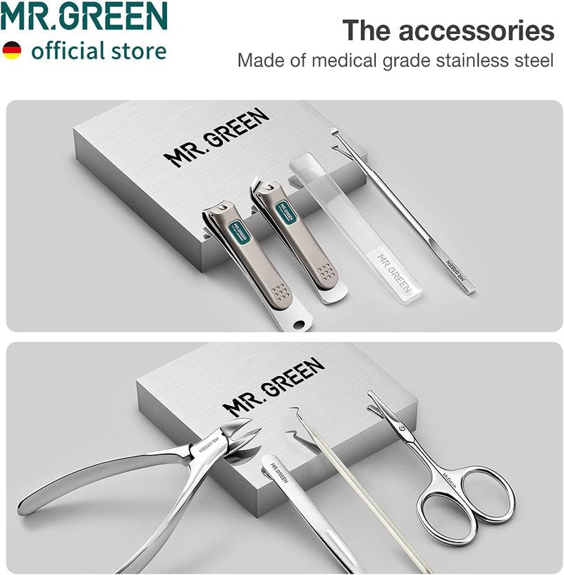 Manicure Set - Stainless Steel Nail Clipper & Pedicure Kit with PU Leather Case | Green