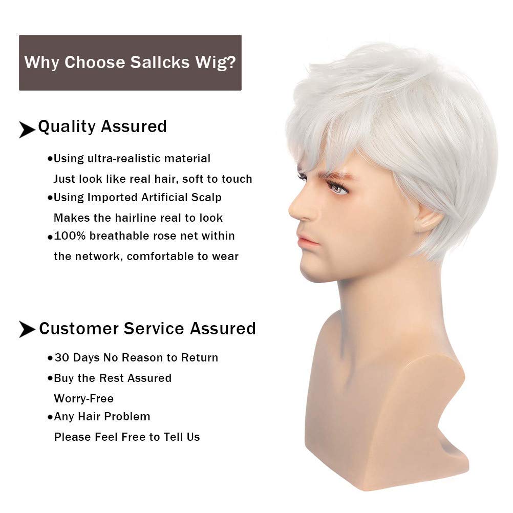 Sallcks Mens White Wigs Short Layered Natural Cosplay Costume Halloween Synthetic Heat Resistant Replacement Wigs