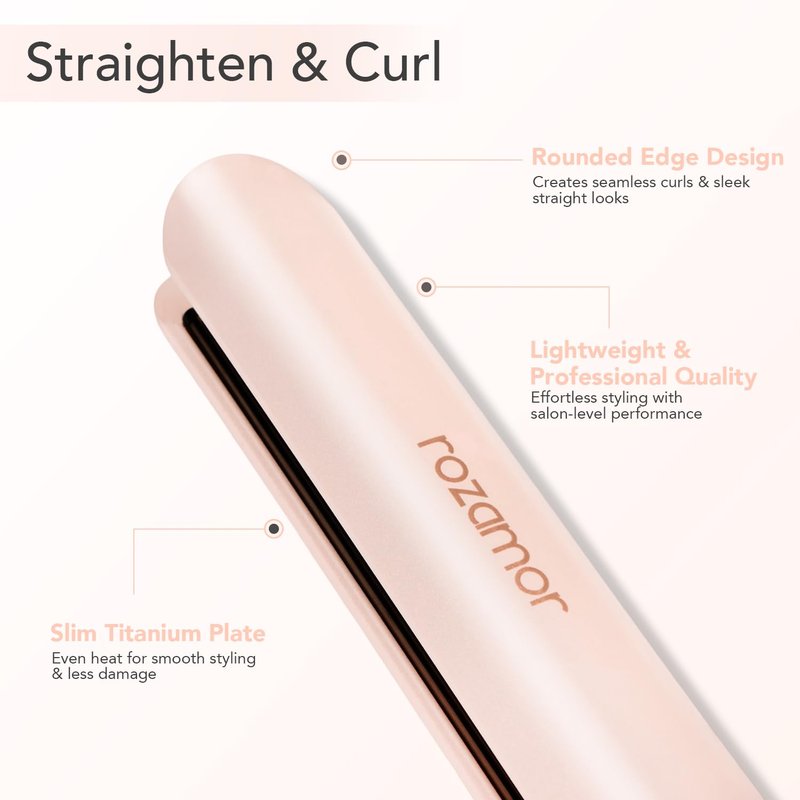 Rozamor Titanium Hair Straightener, 1 Inch Flat Iron for Straightening & Curling, LCD Temp Control, Fast Heating Anti-Scald, Salon Results, Dual Voltage, Pink