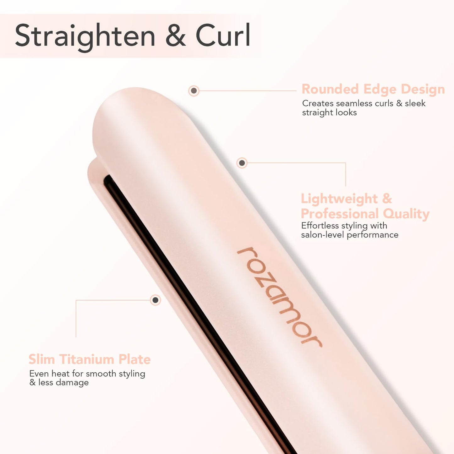 Rozamor Titanium Hair Straightener, 1 Inch Flat Iron for Straightening & Curling, LCD Temp Control, Fast Heating Anti-Scald, Salon Results, Dual Voltage, Pink
