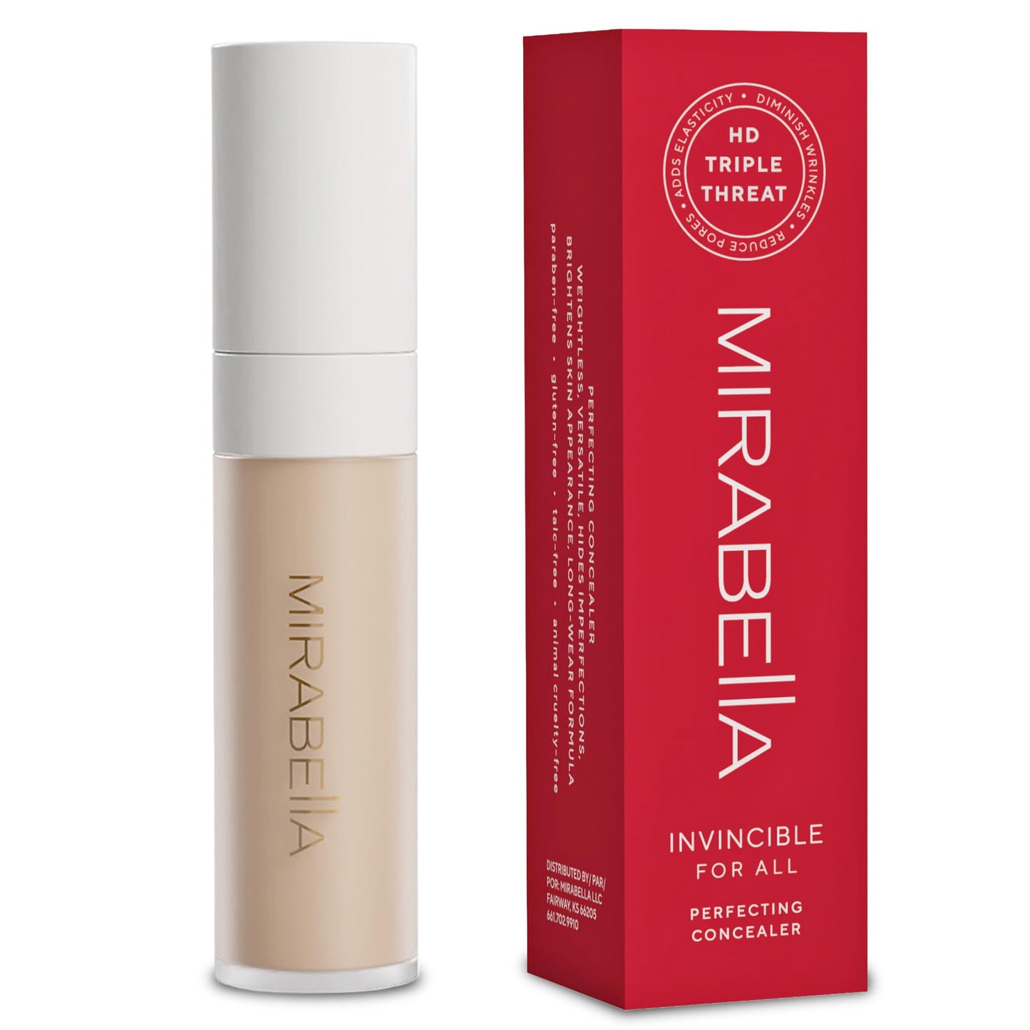 Mirabella Invincible For All Perfecting Under Eye Concealer Full Coverage - Hydrating Makeup Concealer for Dark Circles, Fine Lines & Wrinkles w/Hyaluronic Acid - Ivory I40