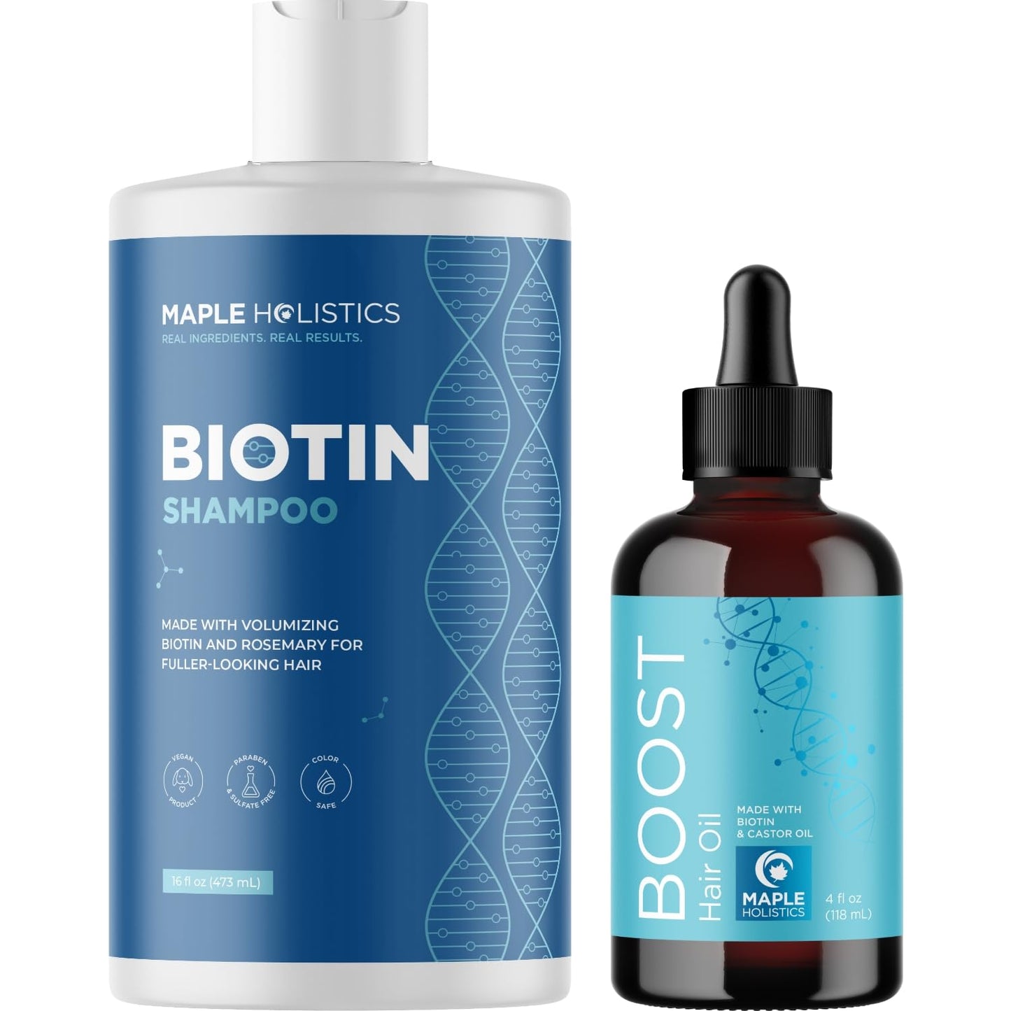 Vegan Biotin Shampoo and Biotin Hair Oil Bundle - Large Hair Thickening Shampoo and Biotin Hair Growth Serum Set for Dry Damaged Hair and Growth with Castor and Rosemary Oil for Hair Growth