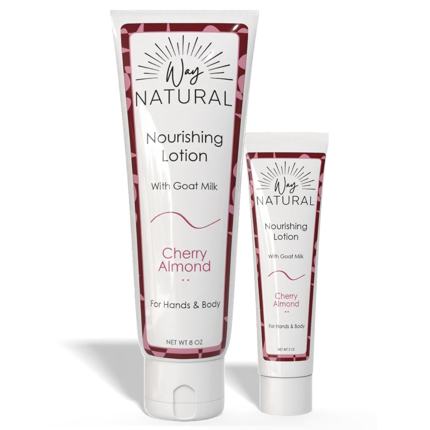 Way Natural Nourishing Goat Milk Lotion, Cherry Almond - Home & Away Set, Natural Hand & Body Cherry Almond Lotion for Dry Skin - Goat Milk Hand Cream for Women & Men - 8oz & 2oz Travel Size Tube
