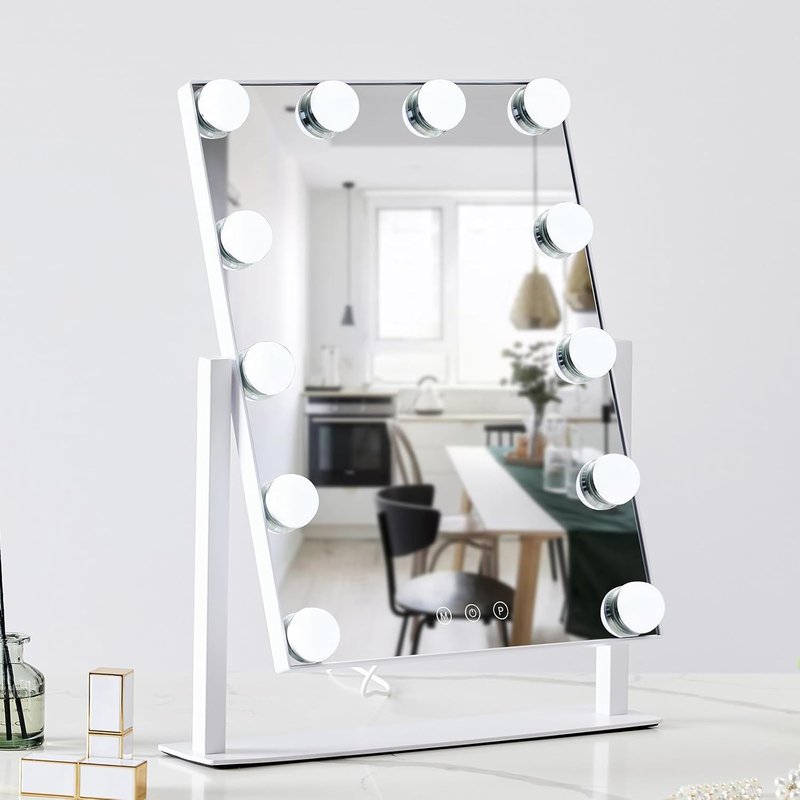 Hollywood Vanity Mirror - 12 Dimmable Bulbs, 3 Color Modes, 5X Magnification | Smart Touch Control, 360° Rotation (White)