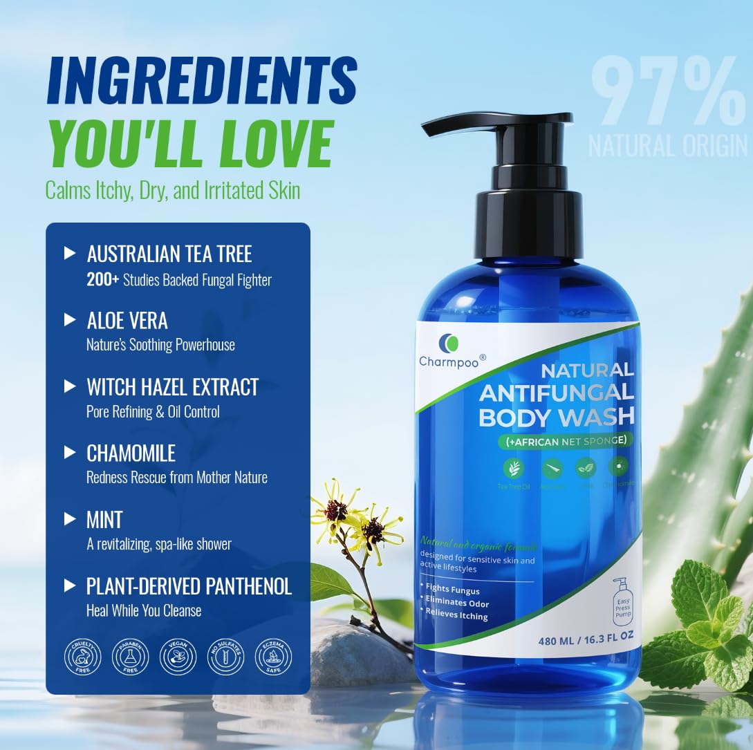 CHARMPOO Natural Antifungal Body Wash: Tea Tree Fights Fungus, Eliminates Odor, Relieves Itching Formula for Sensitive Skin and Active Lifestyles 16.3 FL OZ
