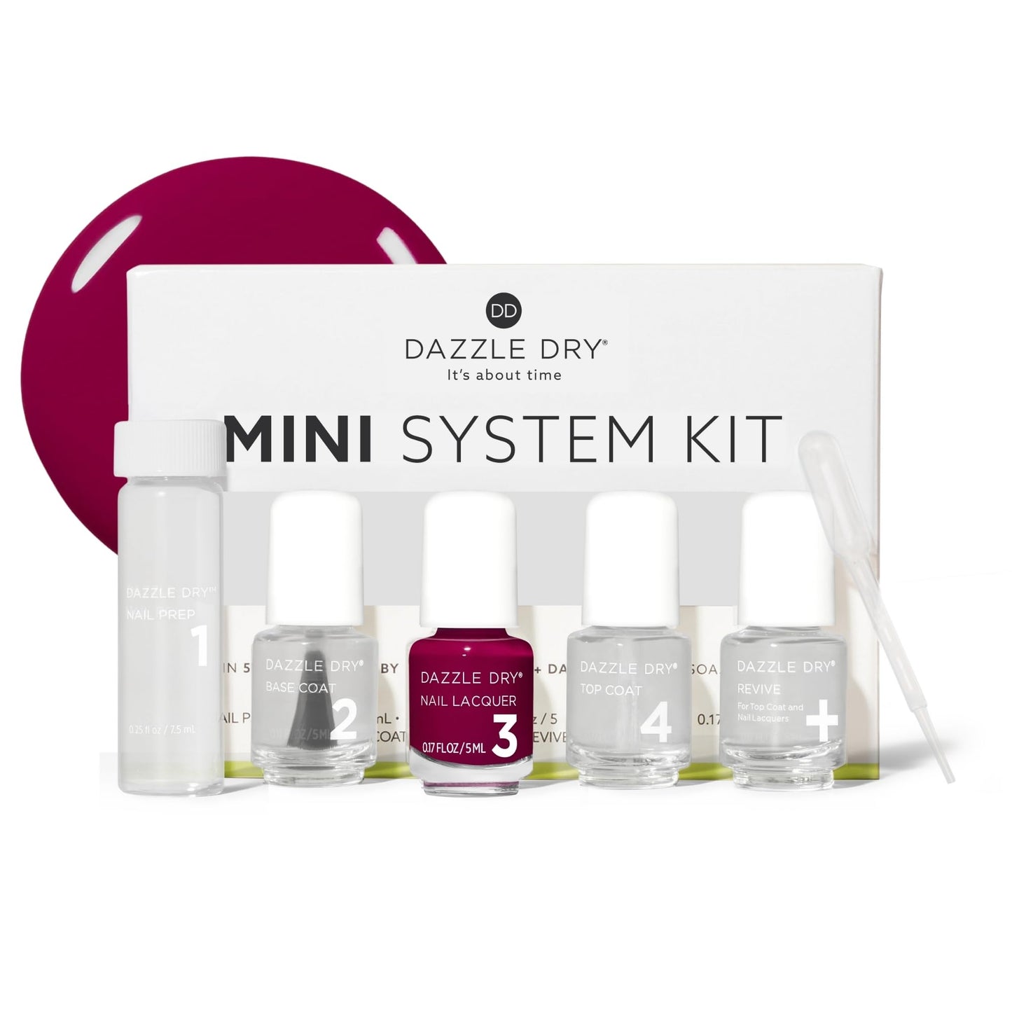 Dazzle Dry Mini Kit 4 Step System - Raspberry Rush, a full coverage raspberry with purple undertones. (5 Piece Kit / 5 Manicures)