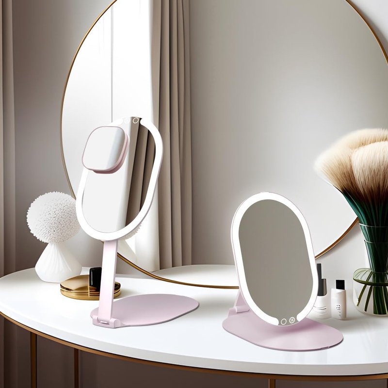 LED Portable Makeup Mirror - Rechargeable with 3 Color Light Settings & 10x Magnification | Ultra Slim Travel Vanity Mirror (Pink)