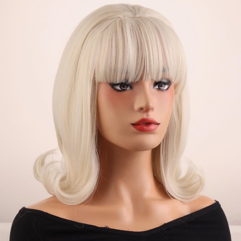 MAGQOO Blonde Wig Women Short Blonde Wig with Bangs Retro Bouffant Beehive Wigs 60s 70s 80s Costume Cosplay Halloween Party with Wig Cap