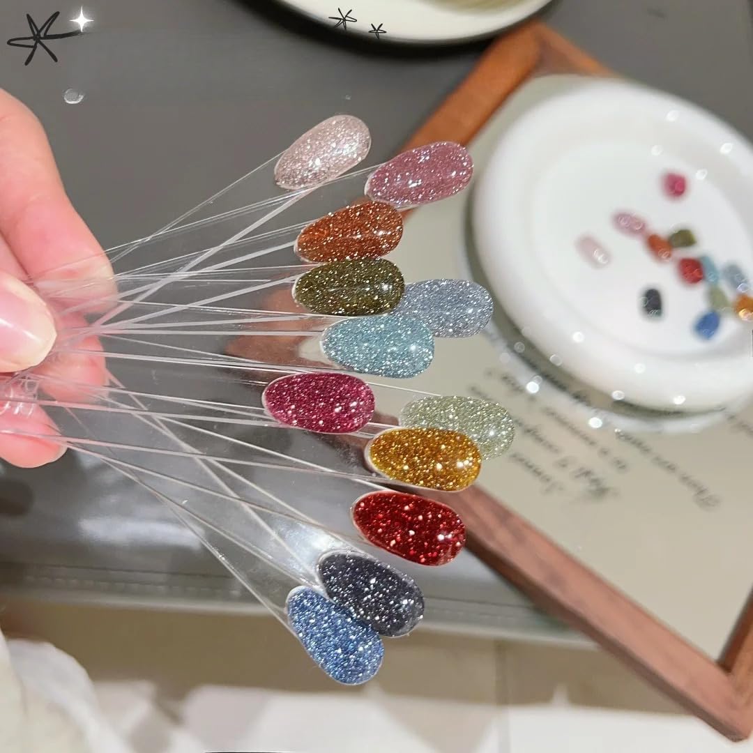ADHERE Reflective Glitter Gel Nail Polish Set, 12 Colors Sparkly Shiny Pink Red Holographic Gel Polish Kit Soak Off UV LED Nail Art Varnish Manicure Kit DIY at Home