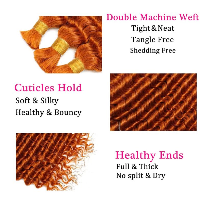 350 Braiding Hair Deep Wave Bulk 26 26 26 Inch Ginger Boho Human Hair for Braiding Deep Curly Orange Braiding Hair Bundles Human Hair Extensions