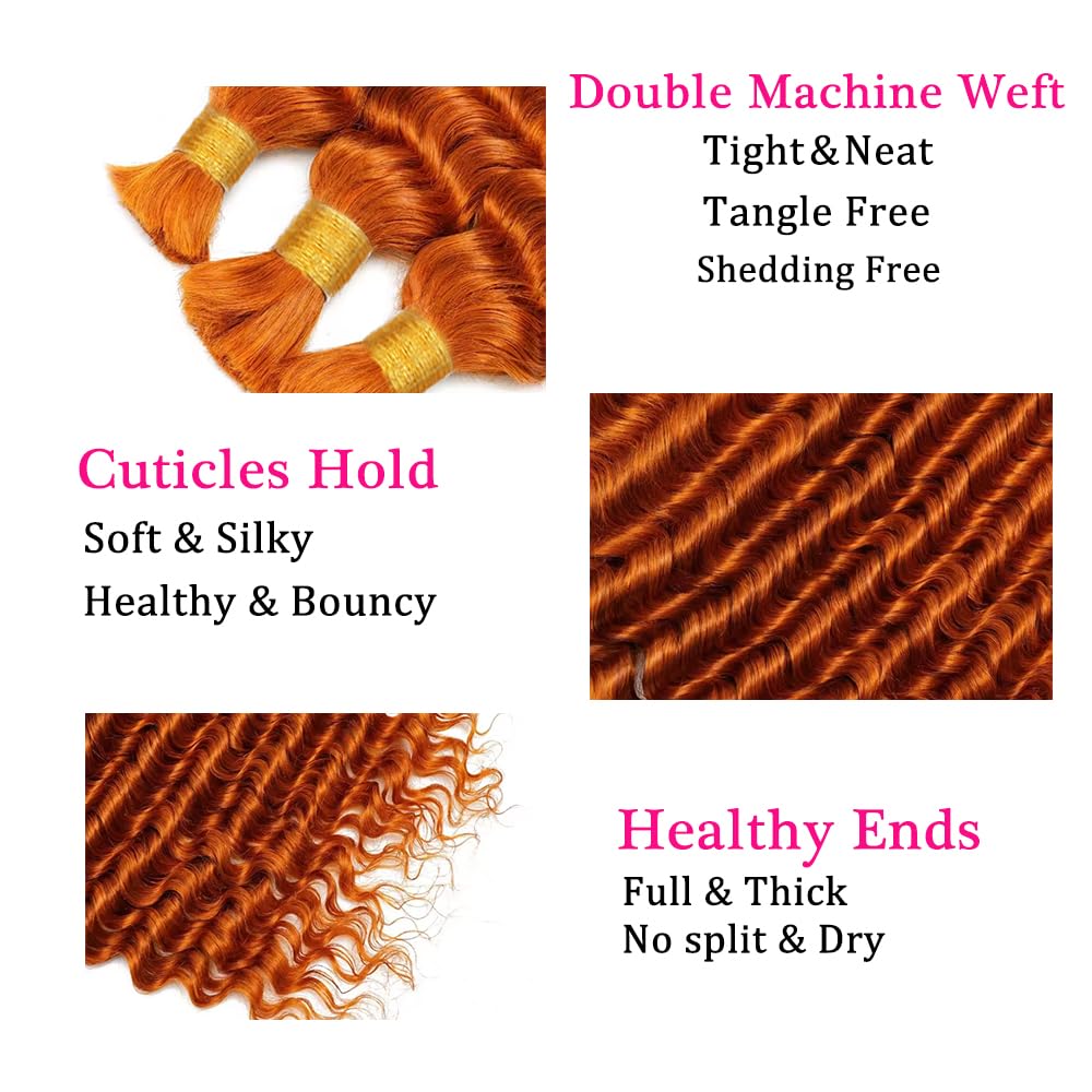 350 Boho Human Hair 12 12 12 Inch Deep Wave Bulk Ginger Braiding Hair Deep Curly Orange Human Braiding Hair Extensions for Woman