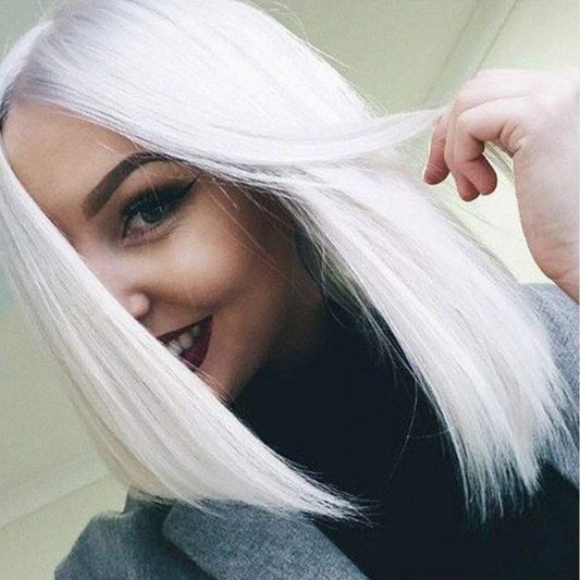 BTWTRY White Color Synthetic Lace Front Wigs Short Hair Style Heat Resistant Fiber Bob Wig for Black Women Middle Part Cosplay Wig (12inch, Snow White)