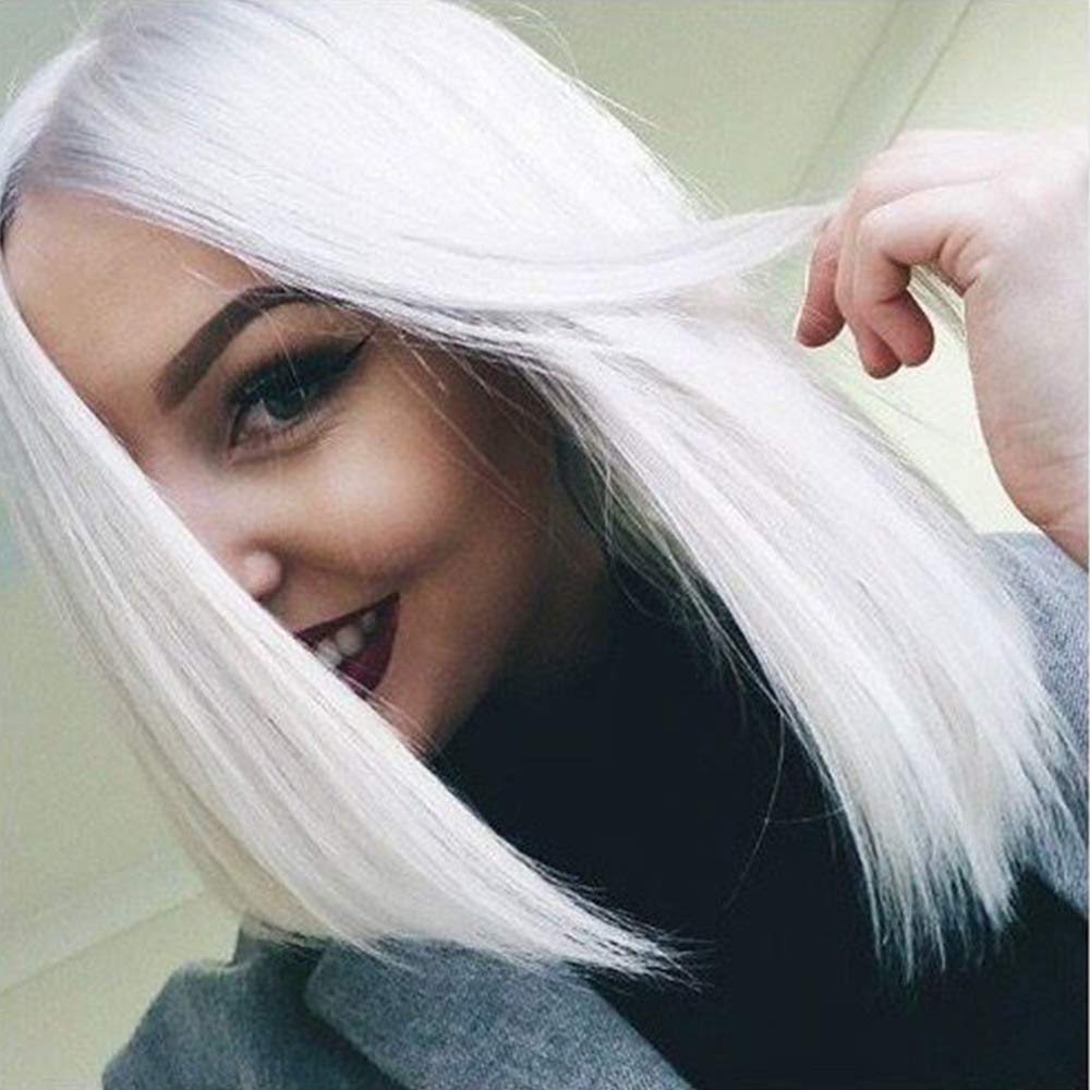 BTWTRY White Color Synthetic Lace Front Wigs Short Hair Style Heat Resistant Fiber Bob Wig for Black Women Middle Part Cosplay Wig (12inch, Snow White)
