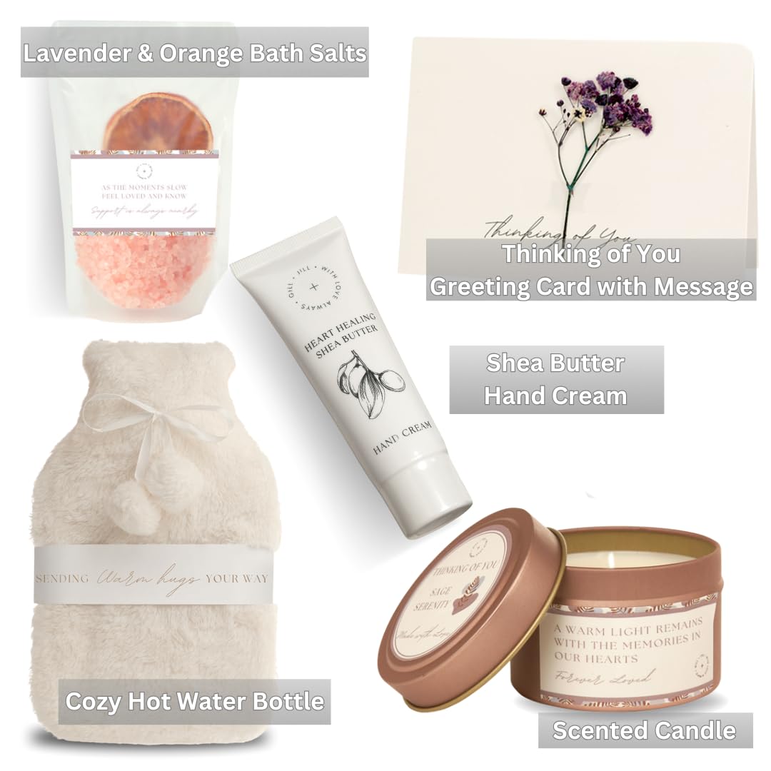 Sympathy Gift Baskets for Loss of Loved One – Bereavement Gift Basket with Bath Salts, Hot Water Bottle, Hand Cream, Sage Candle & Greeting Card – Sympathy Care Package, Condolences Gift for Women
