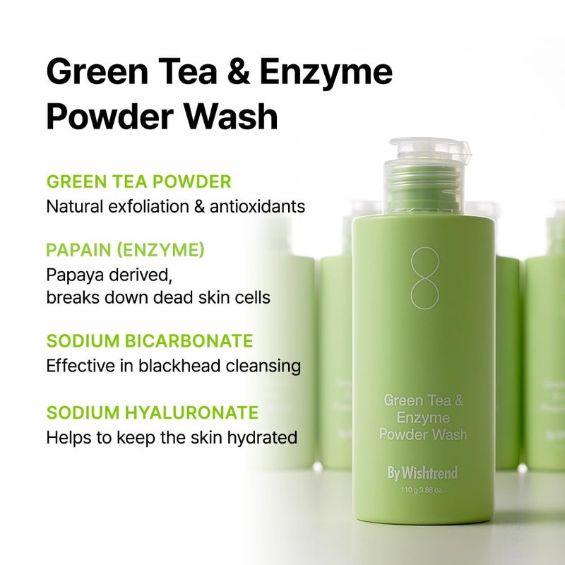 BY WISHTREND Green Tea & Enzyme Powder Wash, Gentle Face Wash for Sensitive Skin, Removes Impurities, Facial Cleanser for Dry Skin, Korean Skincare, Fragrance Free, 110g / 3.88 Oz