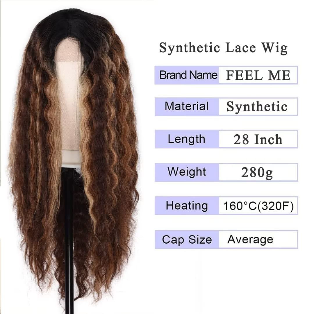 28-Inch Deep Wave Frontal Wig - Honey Blonde Ombre Synthetic Lace Front Wig for Women | Loose Curly Hair