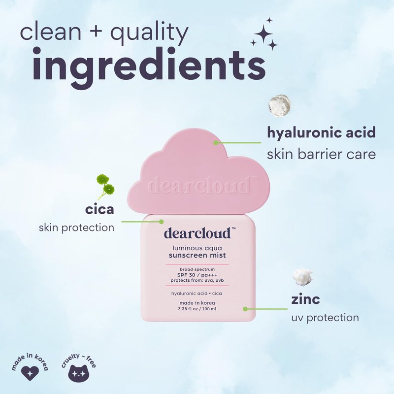 dearcloud Luminous Aqua Sun Mist SPF 30 – Cica & Hyaluronic Acid – Korean Sunscreen – Spray Sunscreen for Face & Body (3.38 Fl oz)