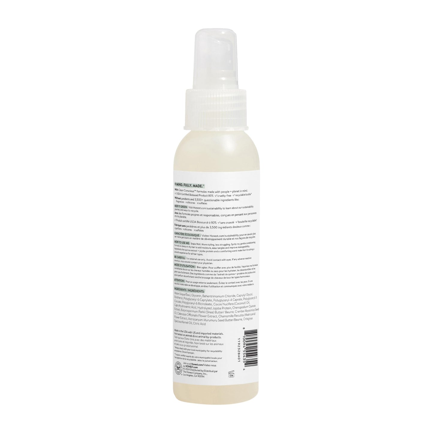 The Honest Company Fragrance-Free Conditioning Hair Detangler Tear-Free Hypoallergenic Leave-In Conditioner and Fortifying Spray for Sensitive Skin 4 fl oz