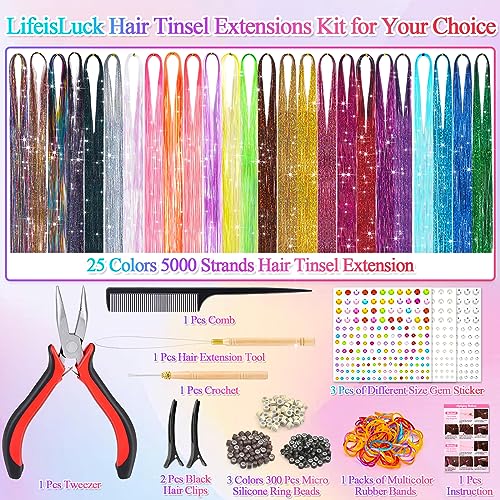 25Colors Fairy Hair Tinsels Kit 5000 Hair Glitter Strands 48Inch Heat Resistant Tinsel Hairs Extension Sparkling Shiny Highlights Hairs Tinsel with Tools for Christmas Halloween New Year Cosplay Party