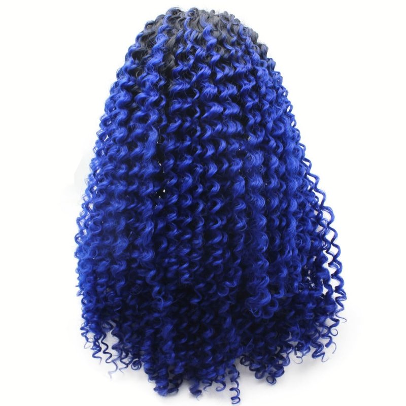 MX angel Long Curly Ombre Blue Wig Frontal Lace Wig Heat Resistant Synthetic Hair Lace Front Wig