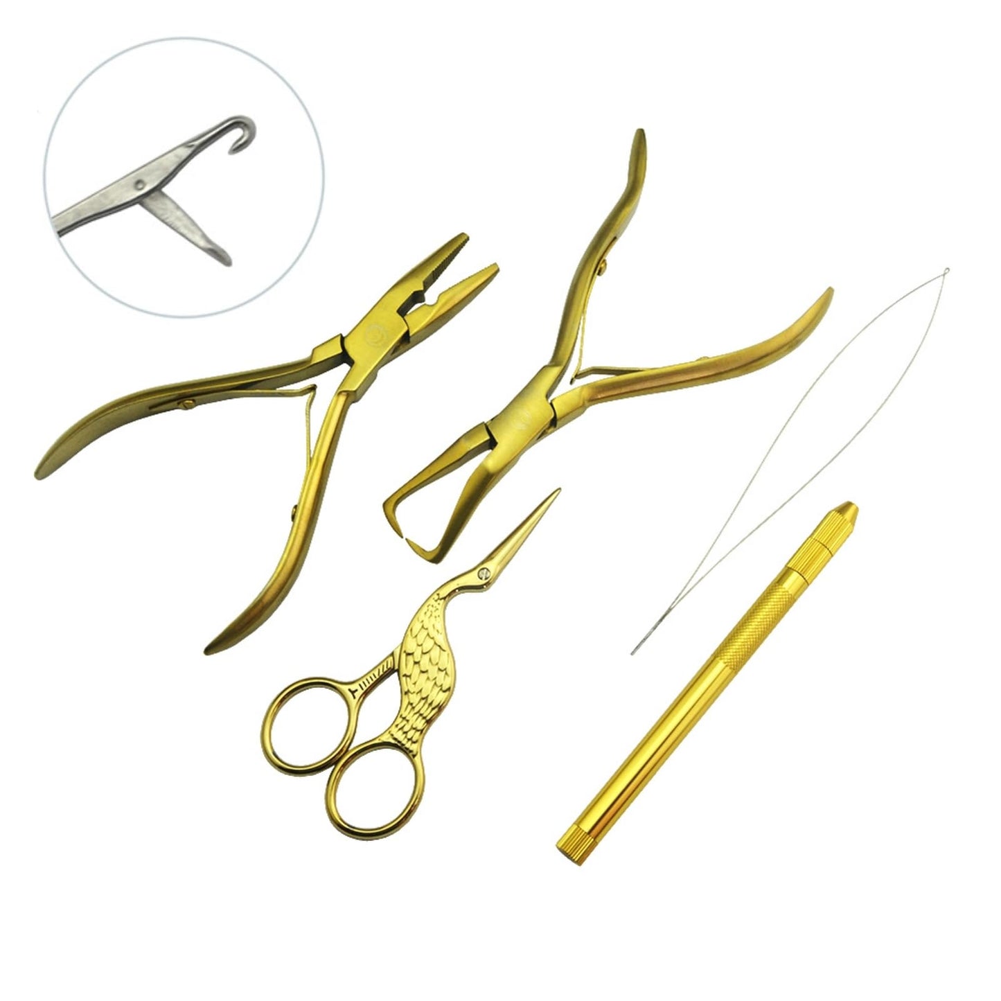 Hair Extension Beading Tool Kit Hair Extensions Micro Link Bead Closer and Remover Pliers and Cutting Scissors Set, Link Micro Ring Loop Needle Pulling Hook Threader Wire for Silicone Rings (Gold)