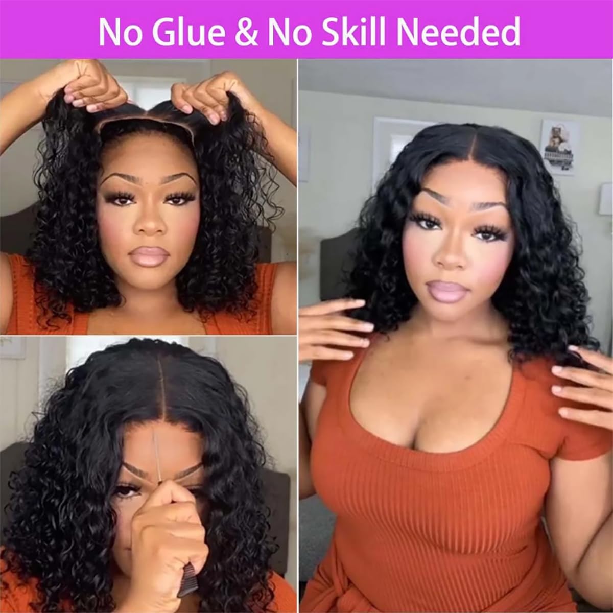Tascal Wear and Go Glueless Short Curly Bob Wig 4x4 Lace Closure Wigs Human Hair Brazilian Human Hair Wigs for Women Wet and Wavy(14 Inch)