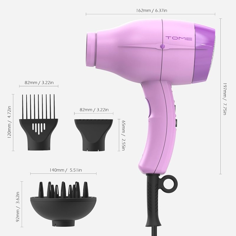TOME Hair Dryer with Diffuser - 1875W Ionic Blow Dryer with Comb & Concentrator | Fast Drying, 2 Heat & 2 Speed Settings, Purple