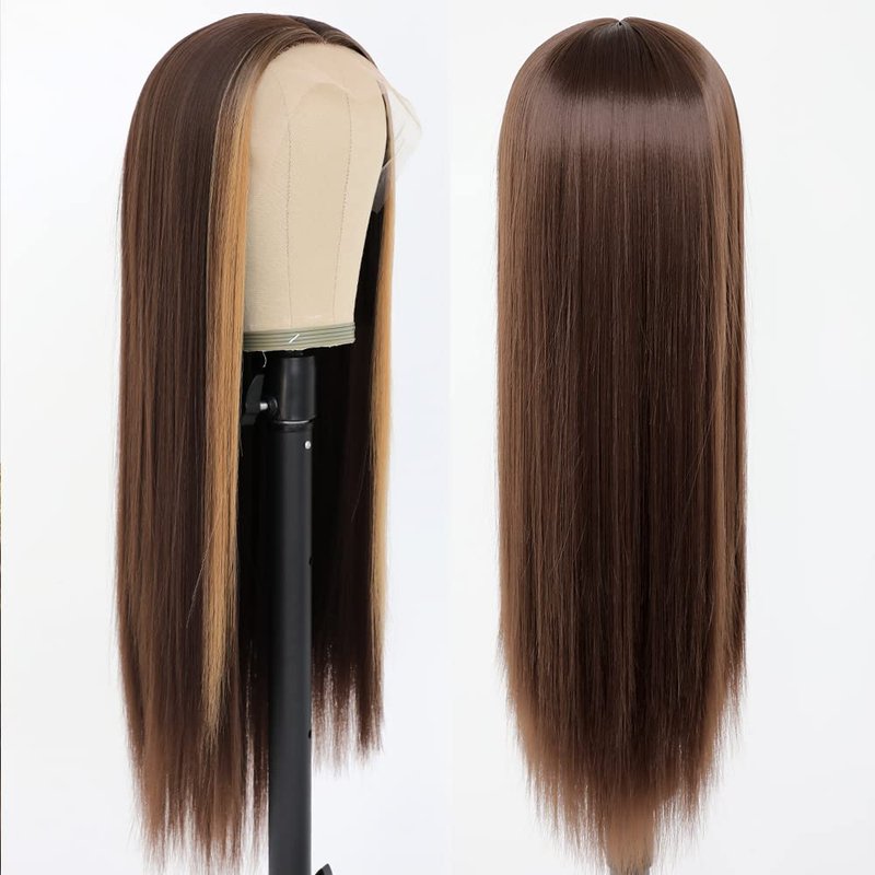 QD-Tizer Brown Hair Color Lace Front Wig Long Straight Hair Wigs Honey Blonde Face Framing Highlights Heat Resistant Synthetic Lace Front Wigs for Fashion Women