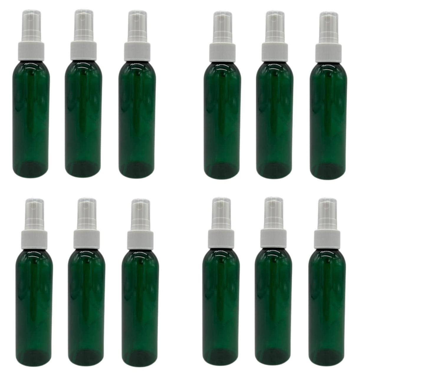 Natural Farms 4 oz Green Cosmo Plastic Bottles - 12 Pack Empty Bottle Refillable - BPA Free - Essential Oils - Aromatherapy | White Ribbed Fine Mist Pump Spray Caps- Made in the USA