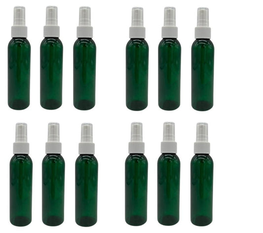 Natural Farms 4 oz Green Cosmo Plastic Bottles - 12 Pack Empty Bottle Refillable - BPA Free - Essential Oils - Aromatherapy | White Ribbed Fine Mist Pump Spray Caps- Made in the USA