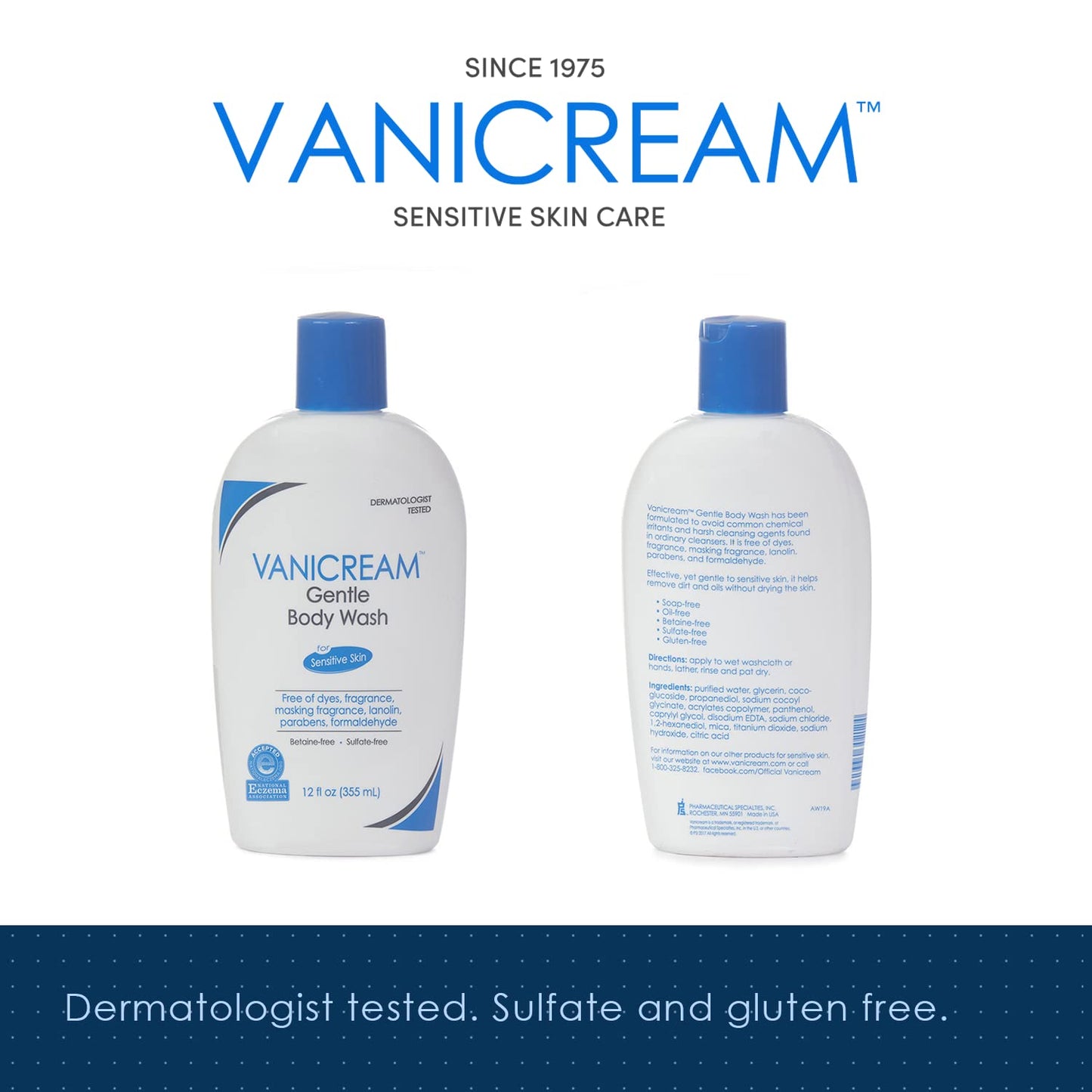 Vanicream Shampoo (12 Fl Oz) Gentle Facial Cleanser with Pump Dispenser (8 fl oz) Gentle Body Wash (12 Ounce) Bundle