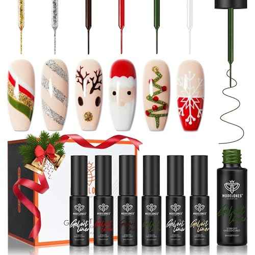 modelones 6 Color Christmas Gel Polish Nail Art Liner Set White Red Green Brown Glod Silver Glitter Sparkle for French Tip Swirl Nails with Thin Brush Soak Off Winter Holiday Manicure Gift for Women