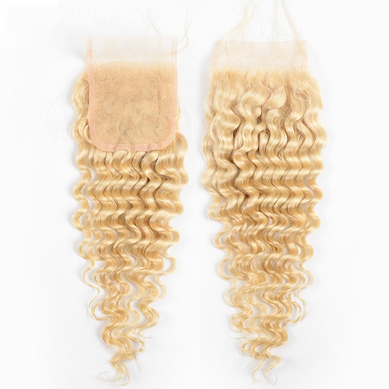 Blonde 613 Deep Wave Closure - 4x4 Transparent Lace Human Hair, 18 Inch, Pre-Plucked with Baby Hair