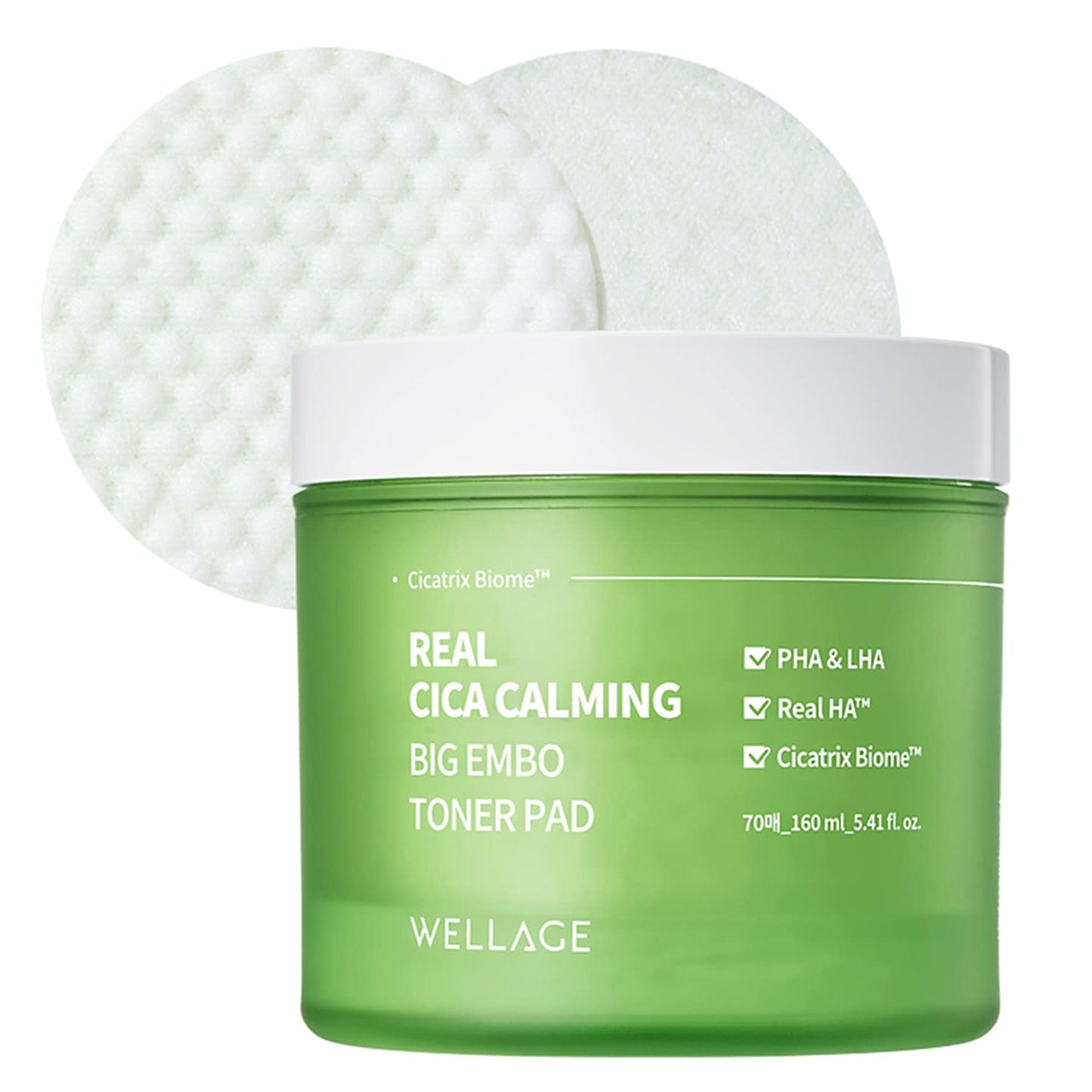 WELLAGE Real Cica Calming Zero Pore Toner Pads 70 Sheets Big Embo, Korean Beauty Facial Pads, Centella Asiatica, PHA, LHA, and Madecassoside, CICA for Soothing, Calming, and Hydrating