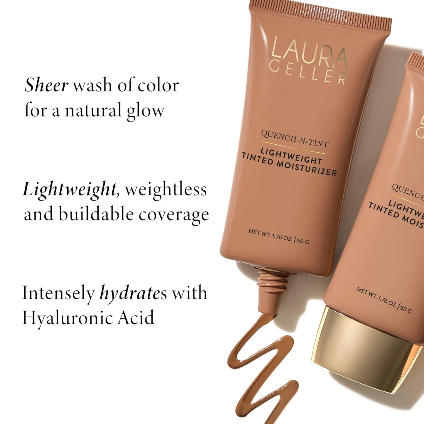 LAURA GELLER NEW YORK Quench-n-Tint Tinted Moisturizer - Sheer to Light Buildable Coverage - Natural Glow Finish - Lightweight Formula with Hyaluronic Acid, 01 Porcelain/Fair
