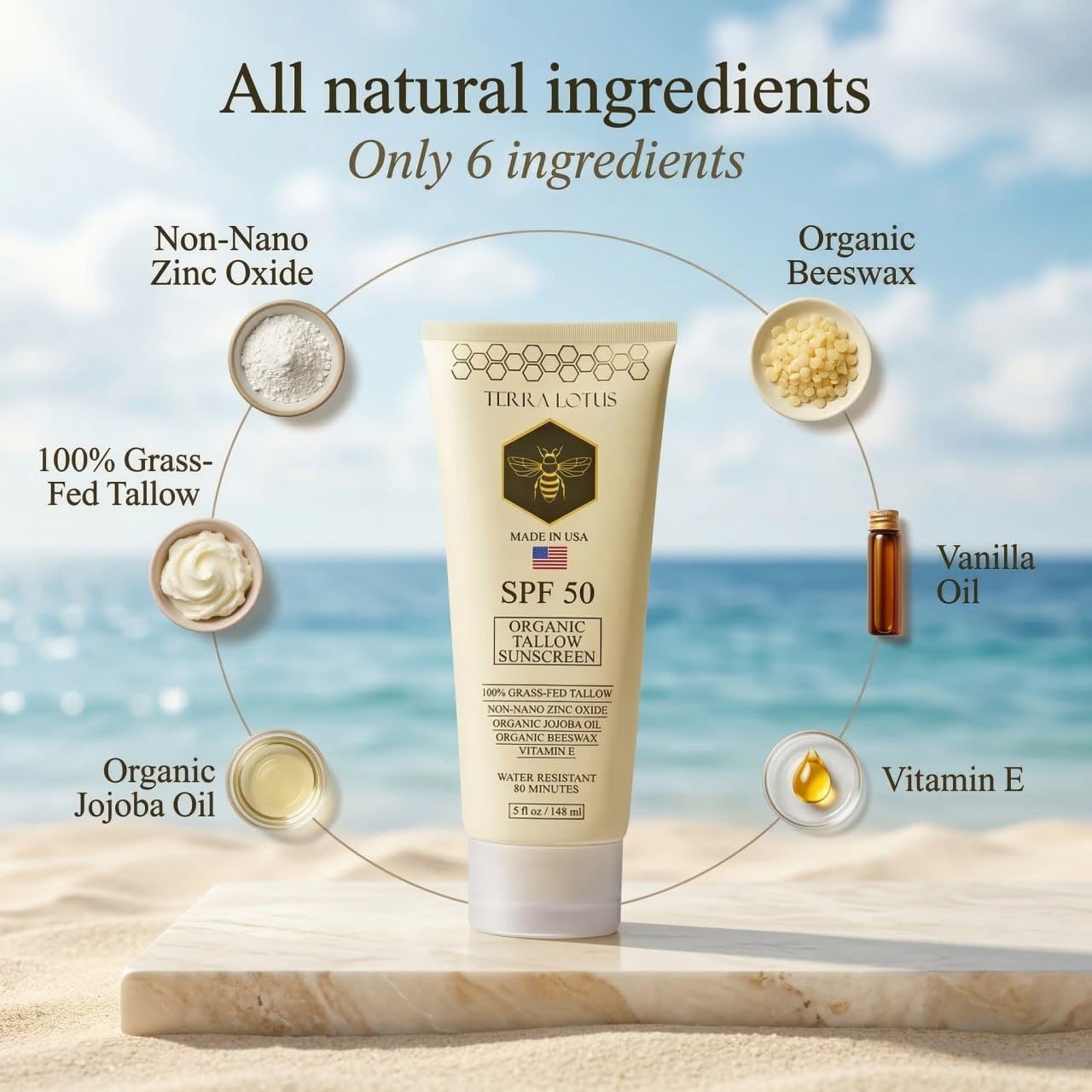 Organic Tallow Mineral Sunscreen - 50 SPF - For Face and Body - With 100% Grass-Fed Tallow and Non-Nano Zinc Oxide Reef Safe - (5 Oz)