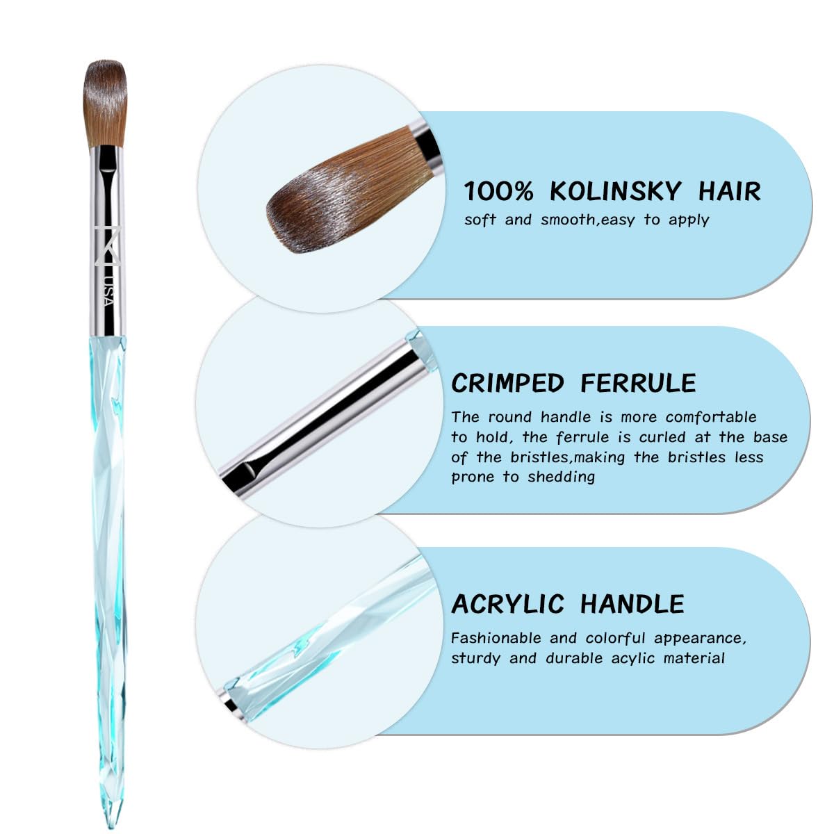 M ProK 100% Kolinsky Acrylic Nail Brush – Professional Nail Brush for Acrylic Application with Crystal Blue Handle – Handcrafted Salon Quality Tool (Size #8)