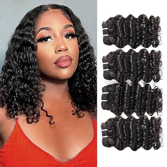 Brazilian Body Wave/Water Wave/Deep Wave/Funmi/Human Hair Bundles Unprocessed Human Hair Natural Black(Deep Wave, 14" 4 Bundles)