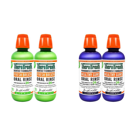 TheraBreath Fresh Breath Oral Rinse, Mild Mint, 16 Ounce Bottle (Pack of 2) and 24 Hour Healthy Gums Periodontist Formulated Oral Rinse, 16 Ounce (Pack of 2)