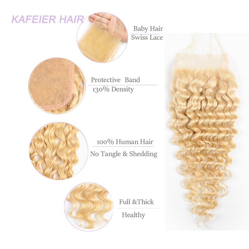 4x4 613 Lace Closure Deep Wave Human Hair Blonde Deep Wave Closure Pre Plucked Transparent Lace Free Part with Baby Hair For Women Natural Hairline 14 Inch